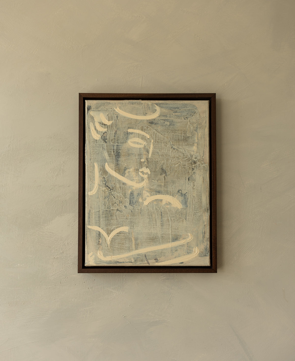 Abstract contemporary painting with cream brushstrokes on gray canvas by Claire de Wolf