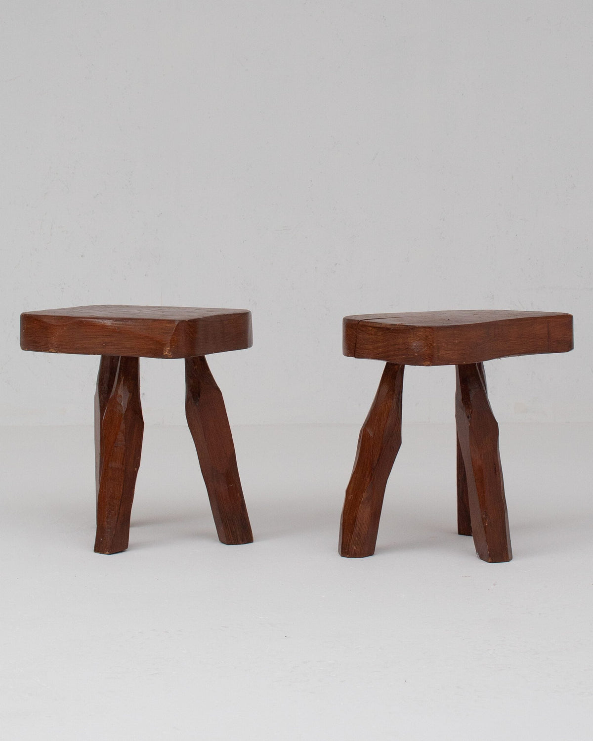 Pair of Sculptural Solid Wood Brutalist Stools, France, 1960s by Malata Antwerp | The Oblist