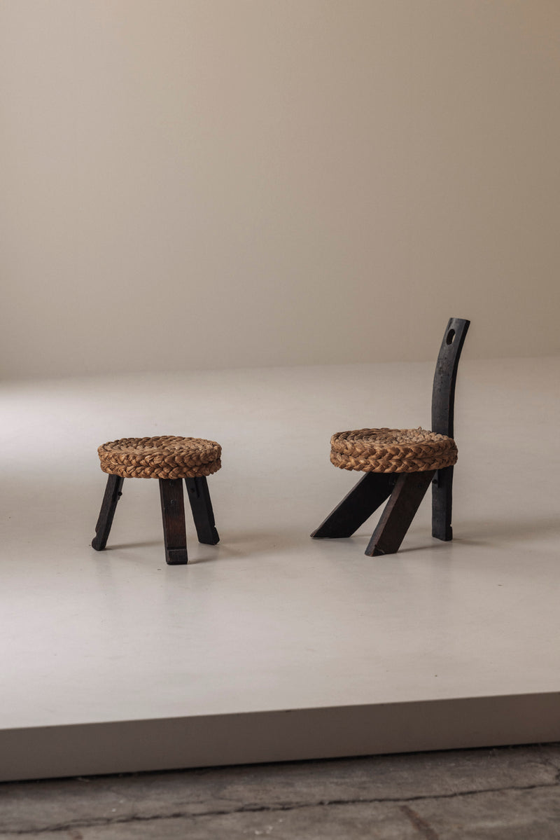 Rare Chair and Matching Stool by Adrien Audoux and Frida Minet, France 1950s — detail view