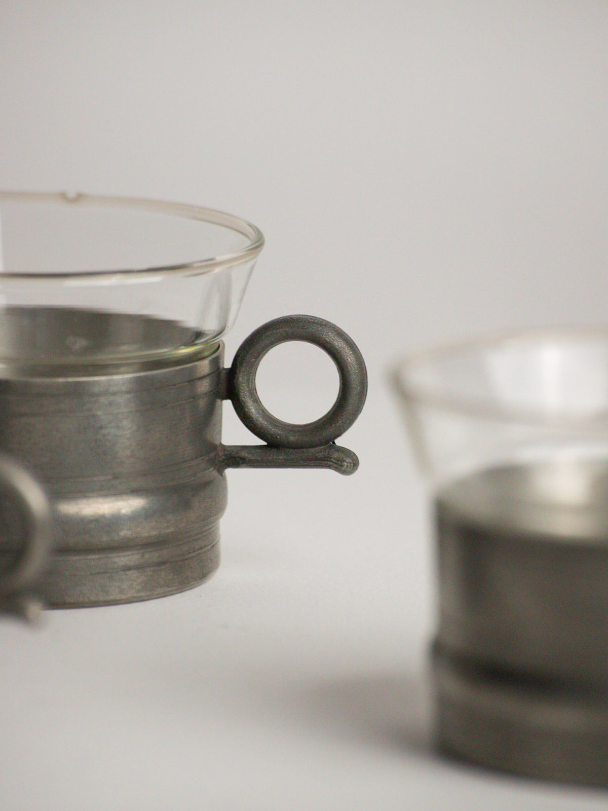 Set of Six Scandia Tenn Pewter Tea Glass Holders with Pressed Glass Inserts, Karlshamn, Sweden, 1977 — close-up
