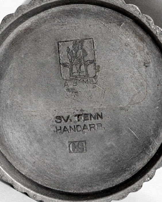 Bottom maker's mark detail showing Swedish pewter craftsmanship