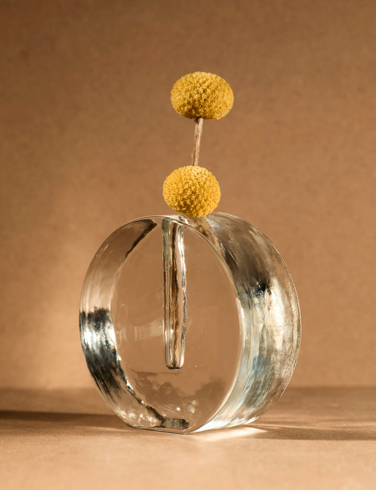Vintage Scandinavian Clear Vase in Glass — side angle with yellow floral accents