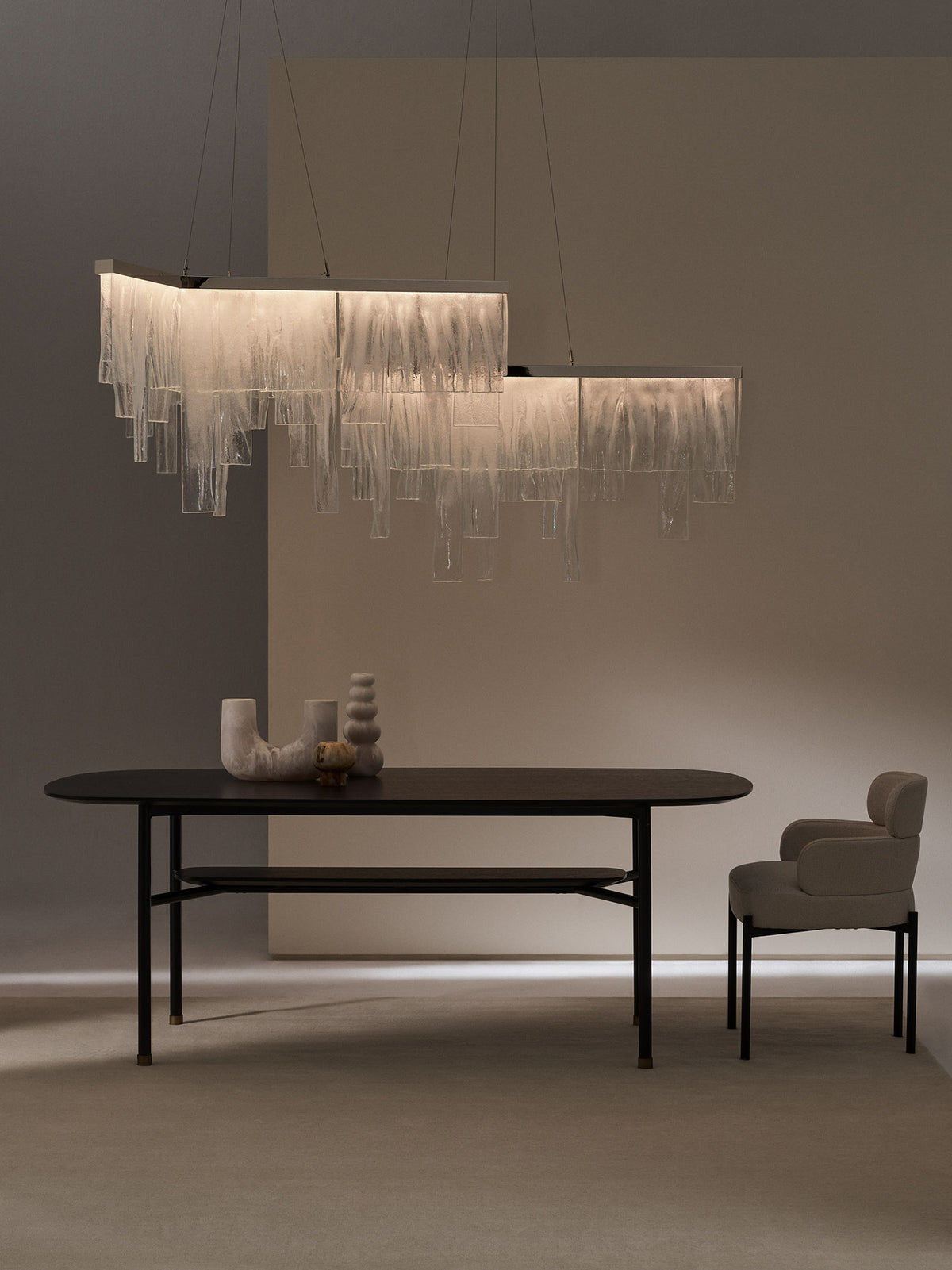 CASCATA Chandelier With Ceiling Rose — side view above modern dining table