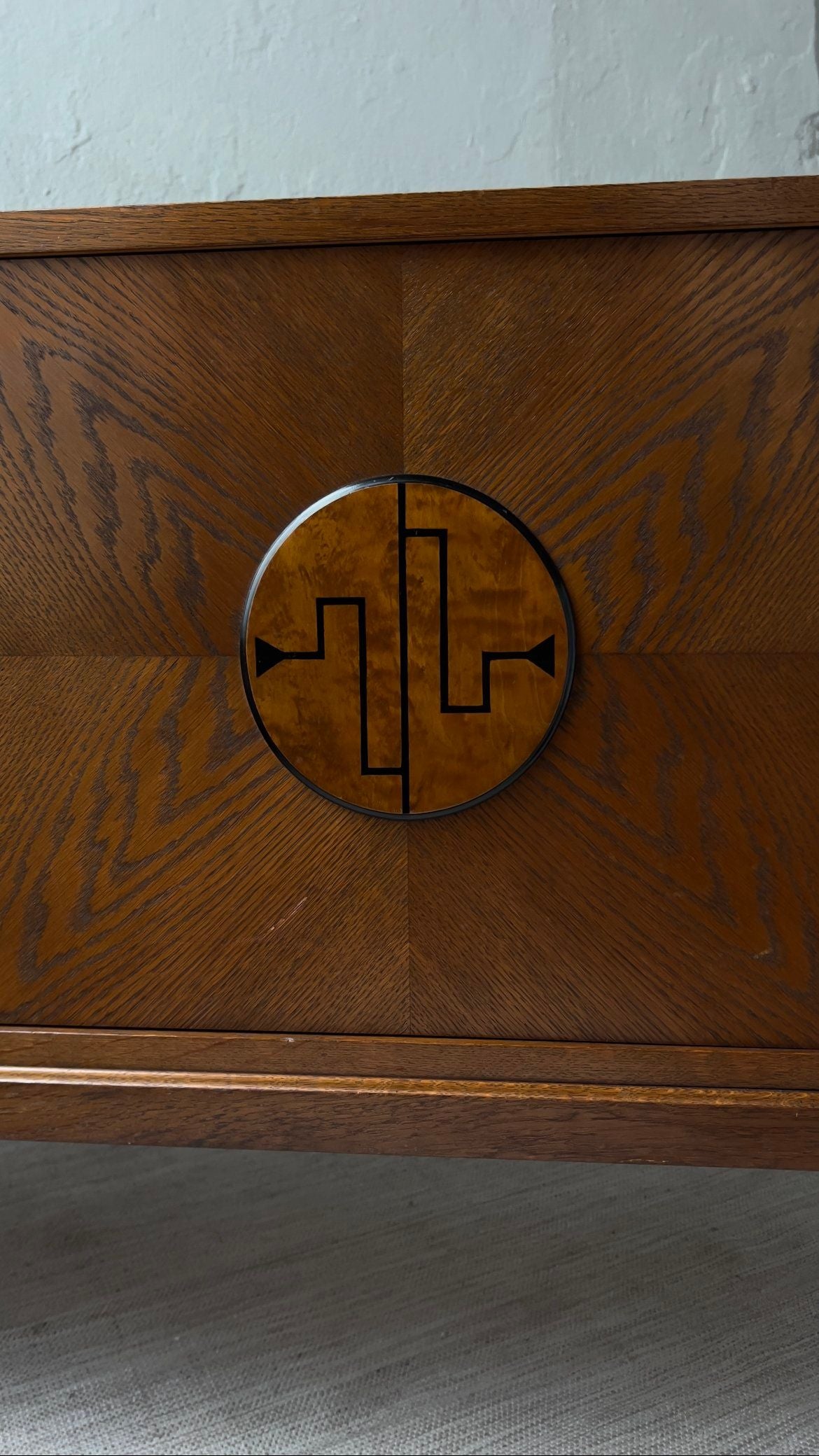 Swedish Modern Oak Sideboard, 1930s — close-up of geometric wood inlay