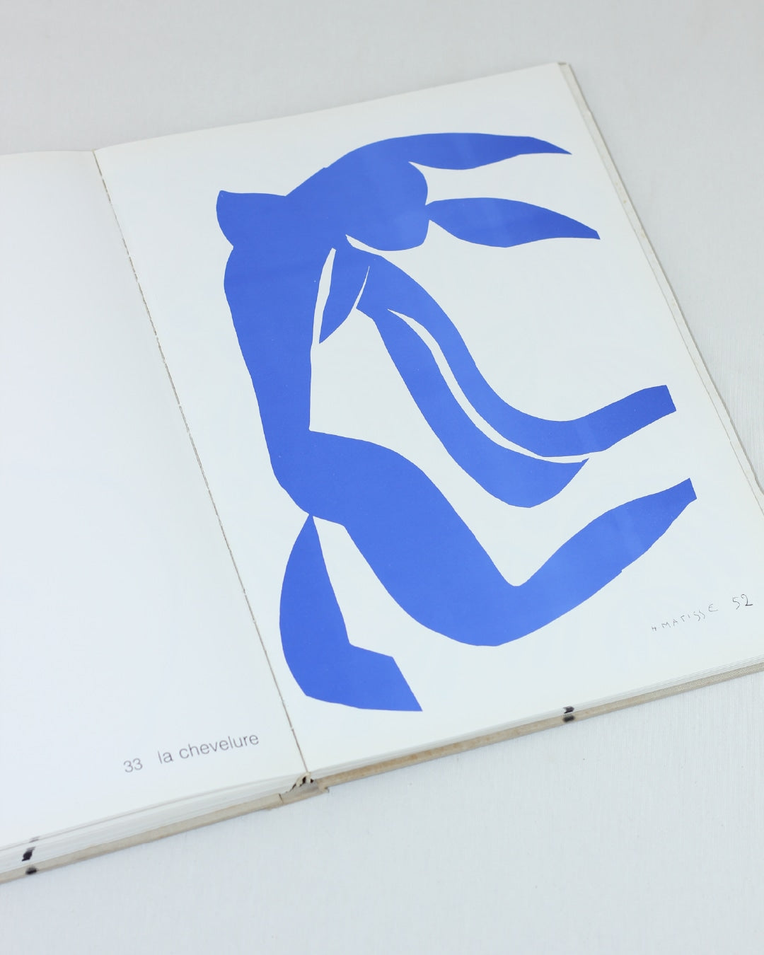 MATISSE PAPER CUTOUTS — open book with blue paper cutouts on white pages