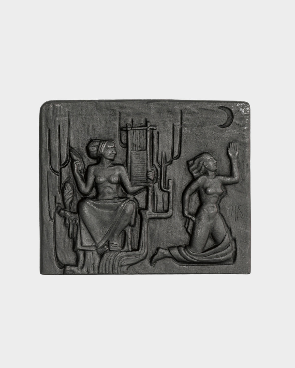 Cast iron wall relief sculpture depicting two figures in desert scene
