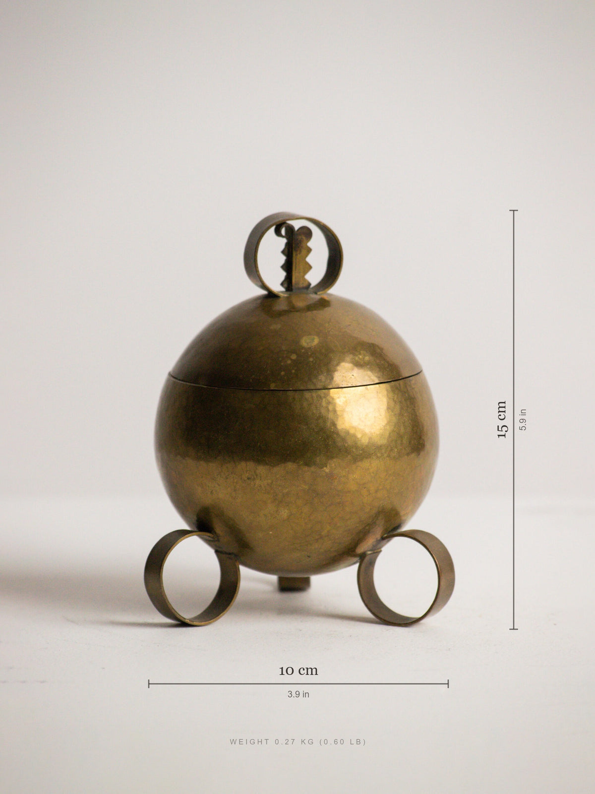 Hand Raised Brass Sphere Box with Toothed Zigzag Finial, Art Deco Style, Central European Workshop, circa 1930s — detail view