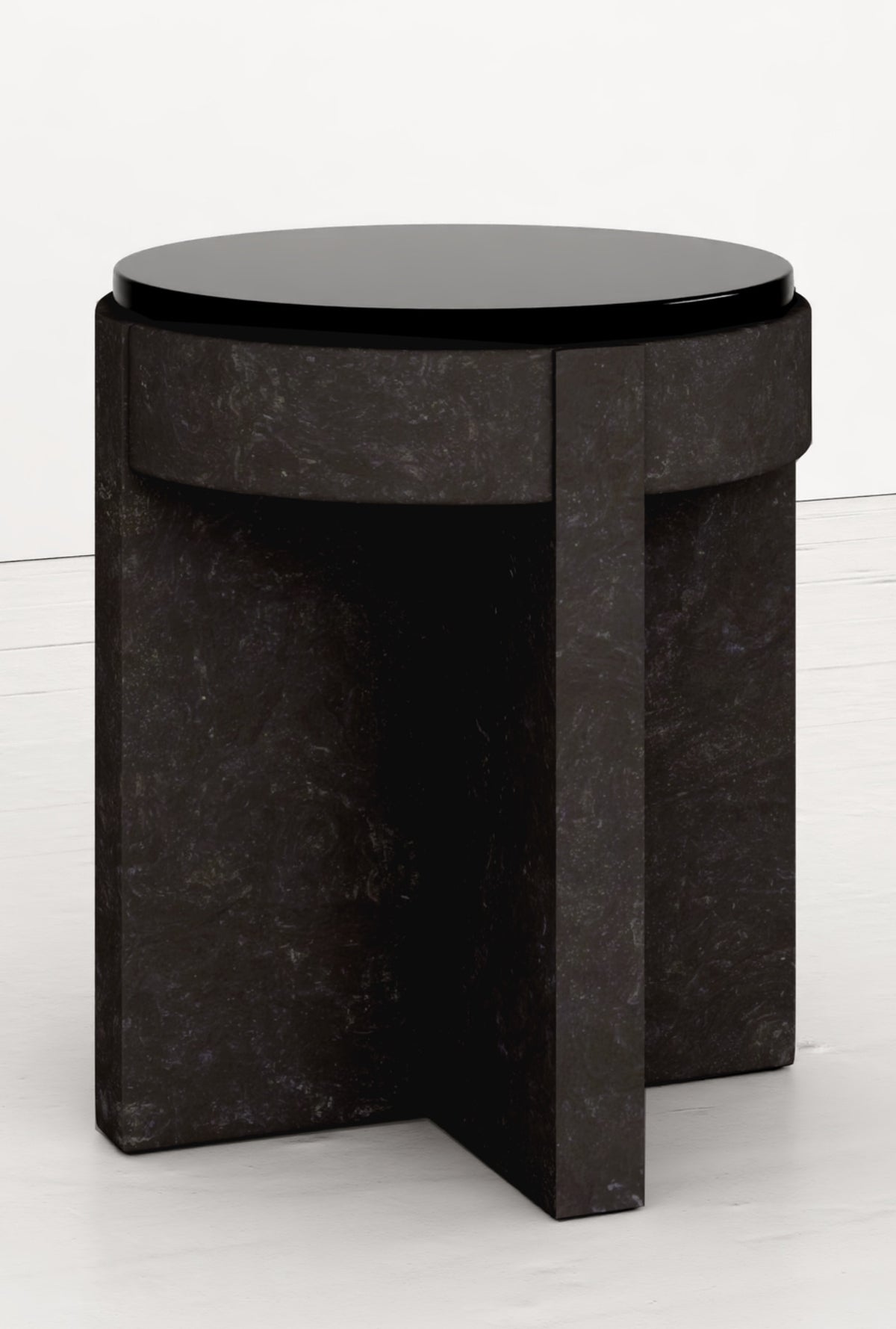 Meï 08 - Bed side table — back view highlighting dark stone finish