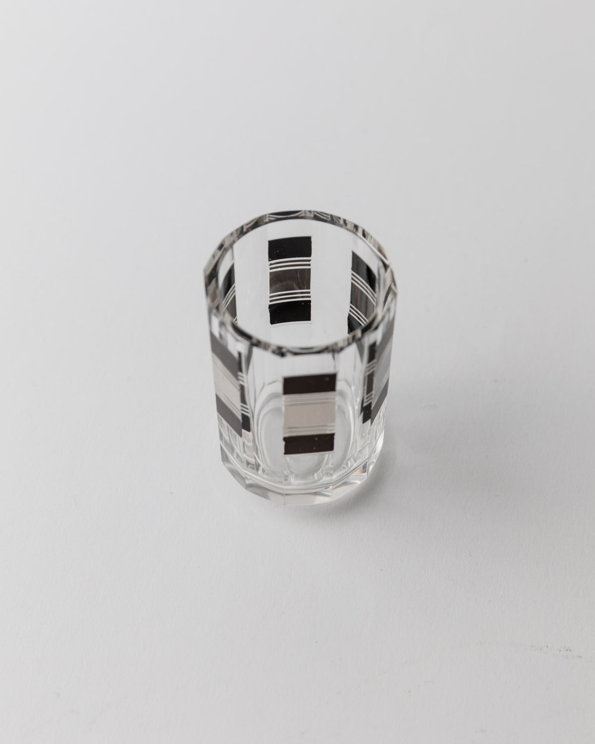 Liqueur Set Art Deco by Karl Palda 1930s — angled view of glass with striped design