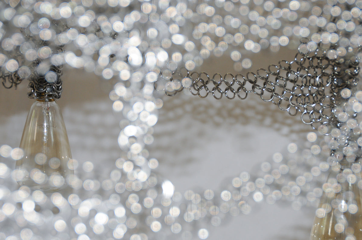 Chainmail Cobweb Chandelier - Pendant Light in Metal and Steel — top view showing intricate metal design