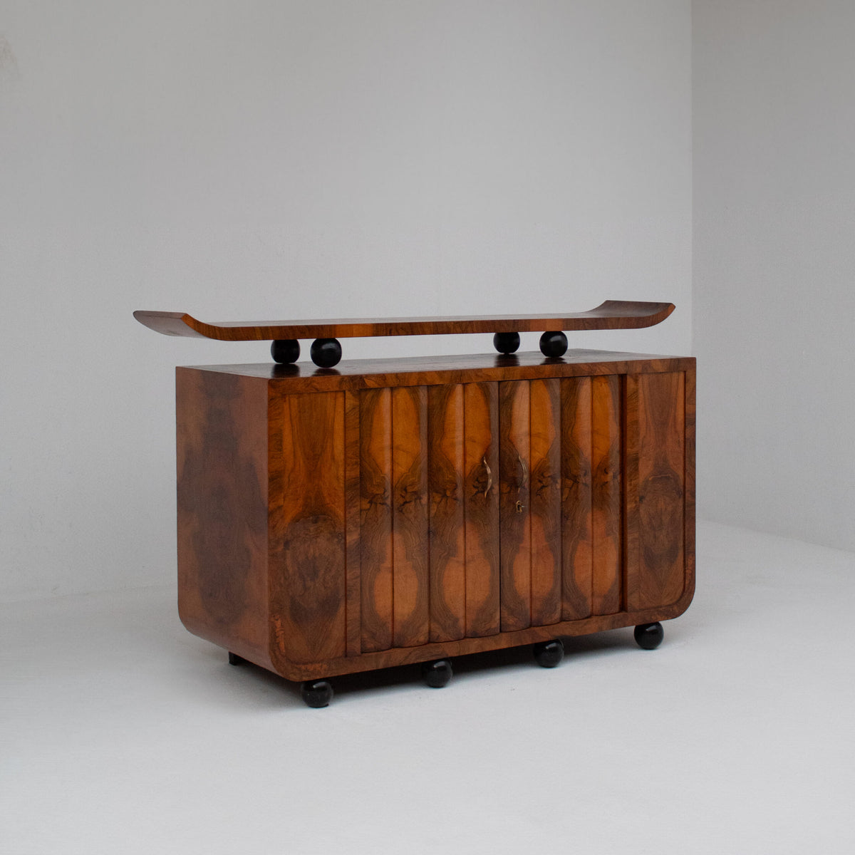 Art Deco Burl Wood Cabinet with Sculptural Top — side angle