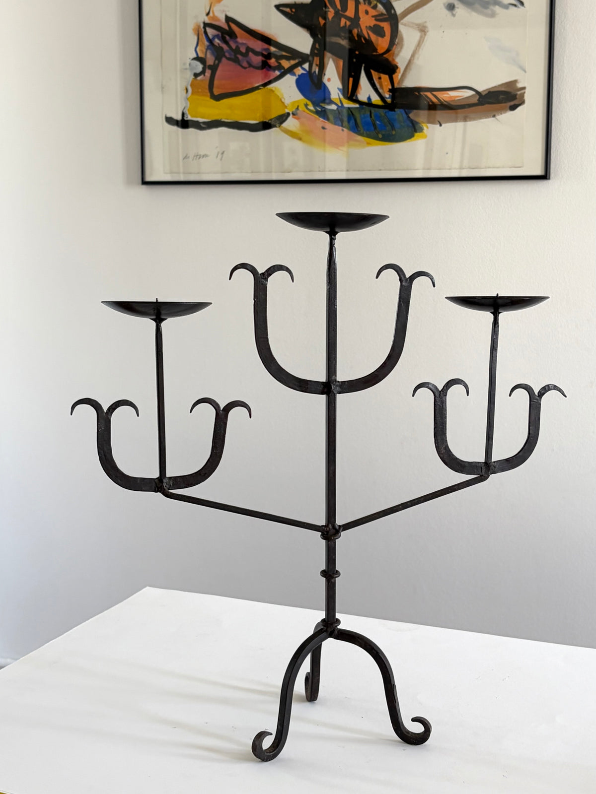French Forged Iron Three-Arm Candelabra, 1960s — close-up