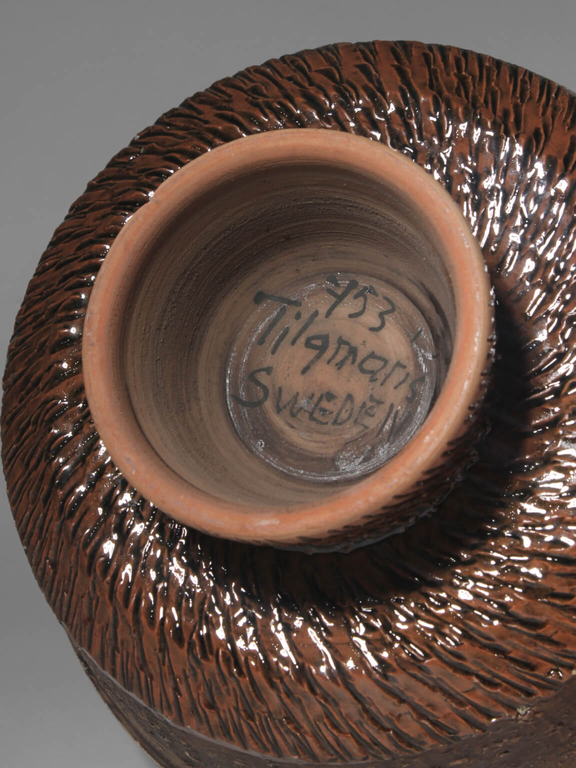 Textured And Glossy Glaze Ceramic Pedestal Bowl From Tilgmans, Sweden, 1960s — alternate view