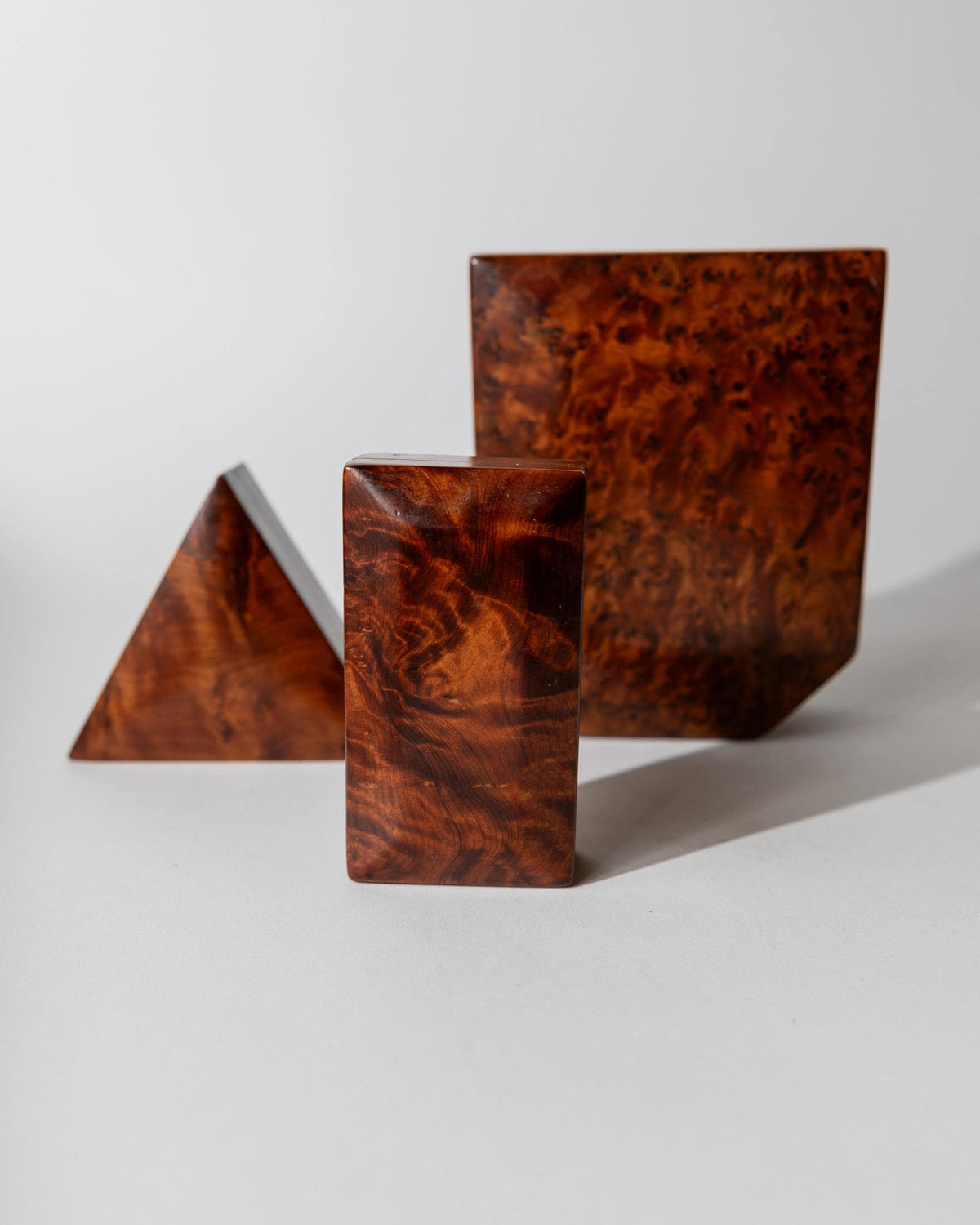 Vintage 1970s Burl Wood Desk Set of 3 Boxes, Different Sculptural Shapes, Mid Century Wooden Storage, Elegant Office Accessories, Gift Idea — detail view