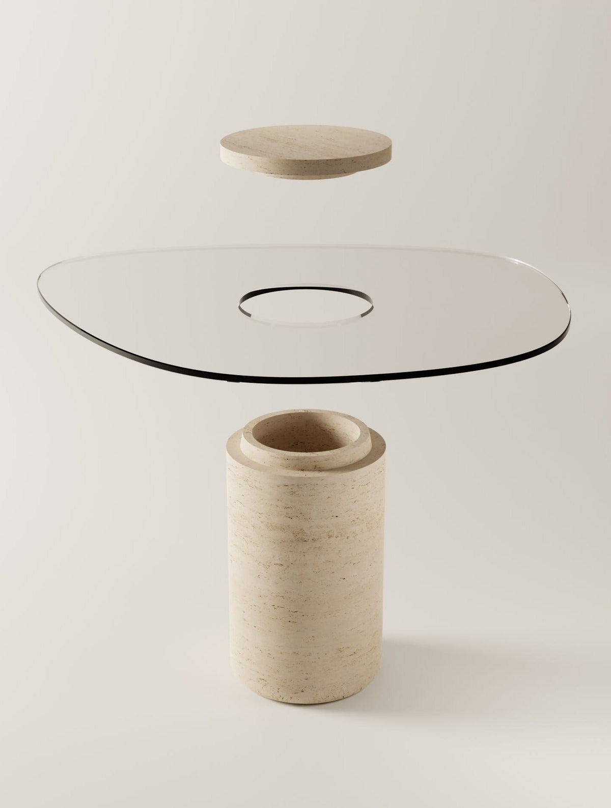 The BURGIO. UUfo 02 Dining Table features an organic silhouette with a cylindrical stone base, round stone insert, and an irregular glass tabletop with a central cutout elegantly floating above the travertine top.