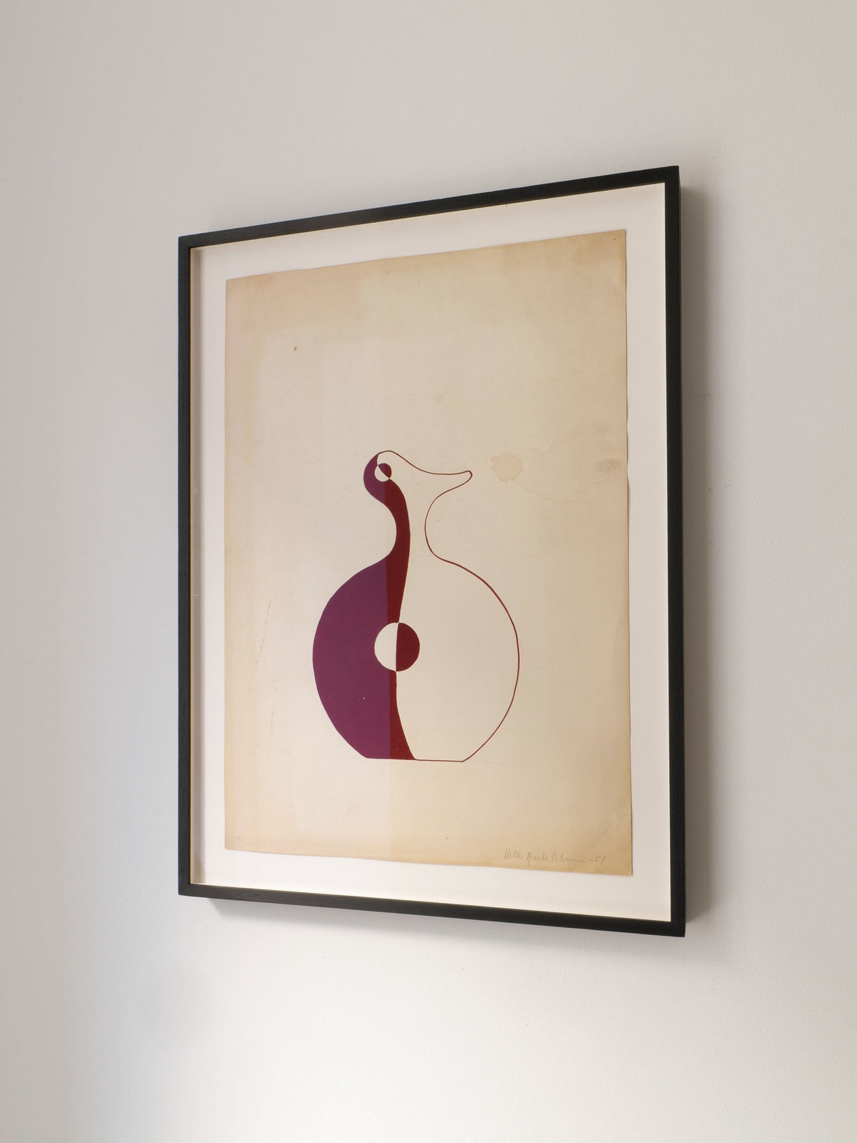 The 'Red Vase' Painting 1951 by Collection apart is a framed abstract artwork with simple outlines and purple and white tones on aged, slightly stained paper, featuring a visible signature, displayed on a light-colored wall.