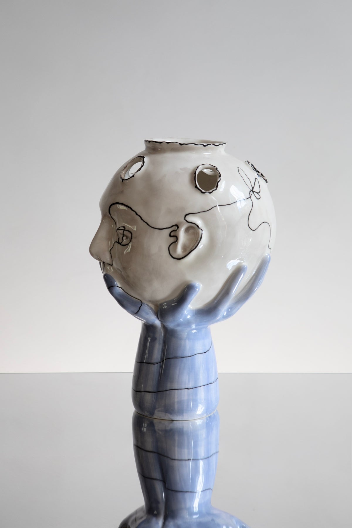 Head in Hands Hand Made Sculptural Ceramic Vase — side angle