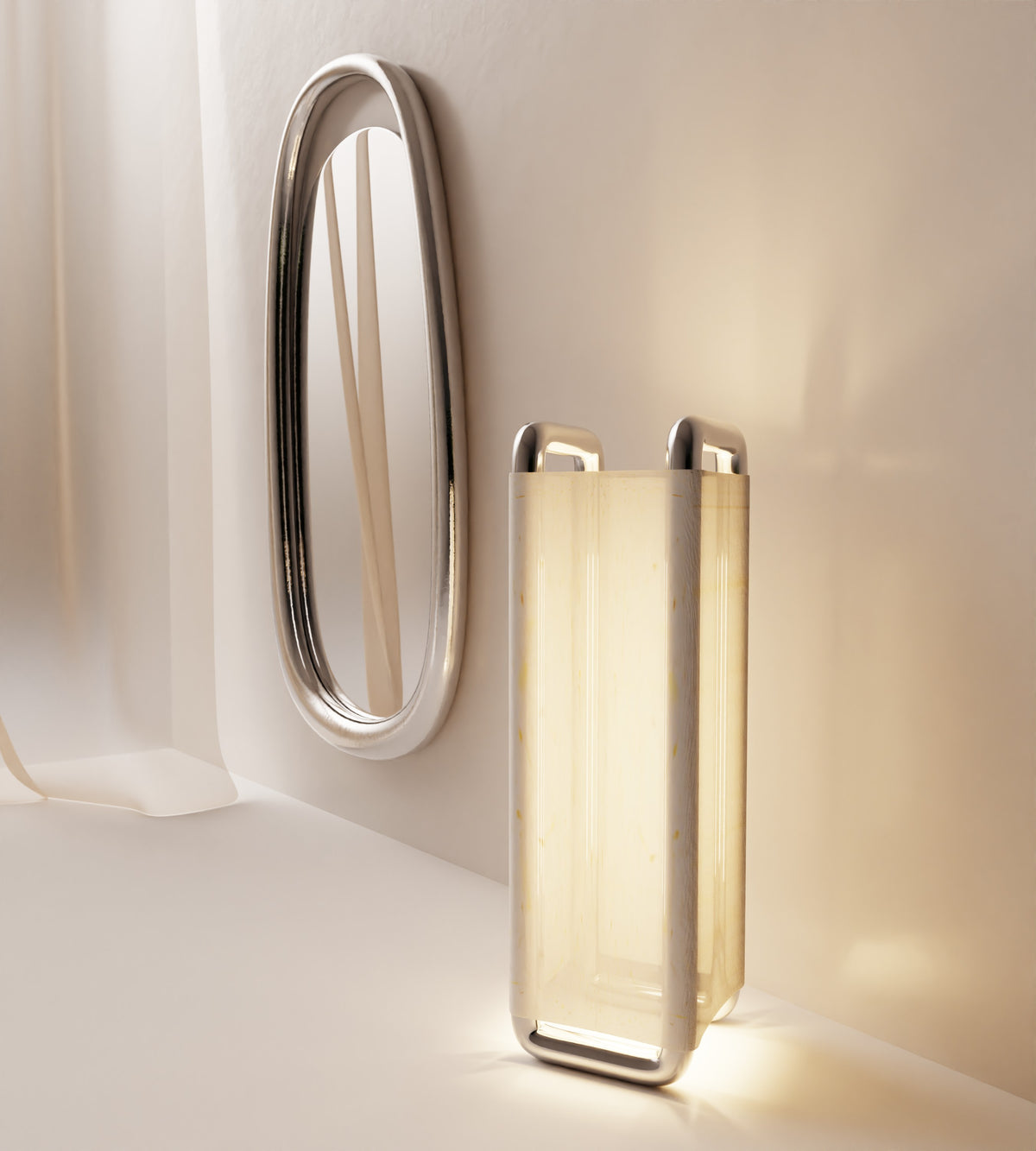 “Xoria” Floor Lamp | Stainless Steel Linen — side angle with soft lighting in minimalist setting