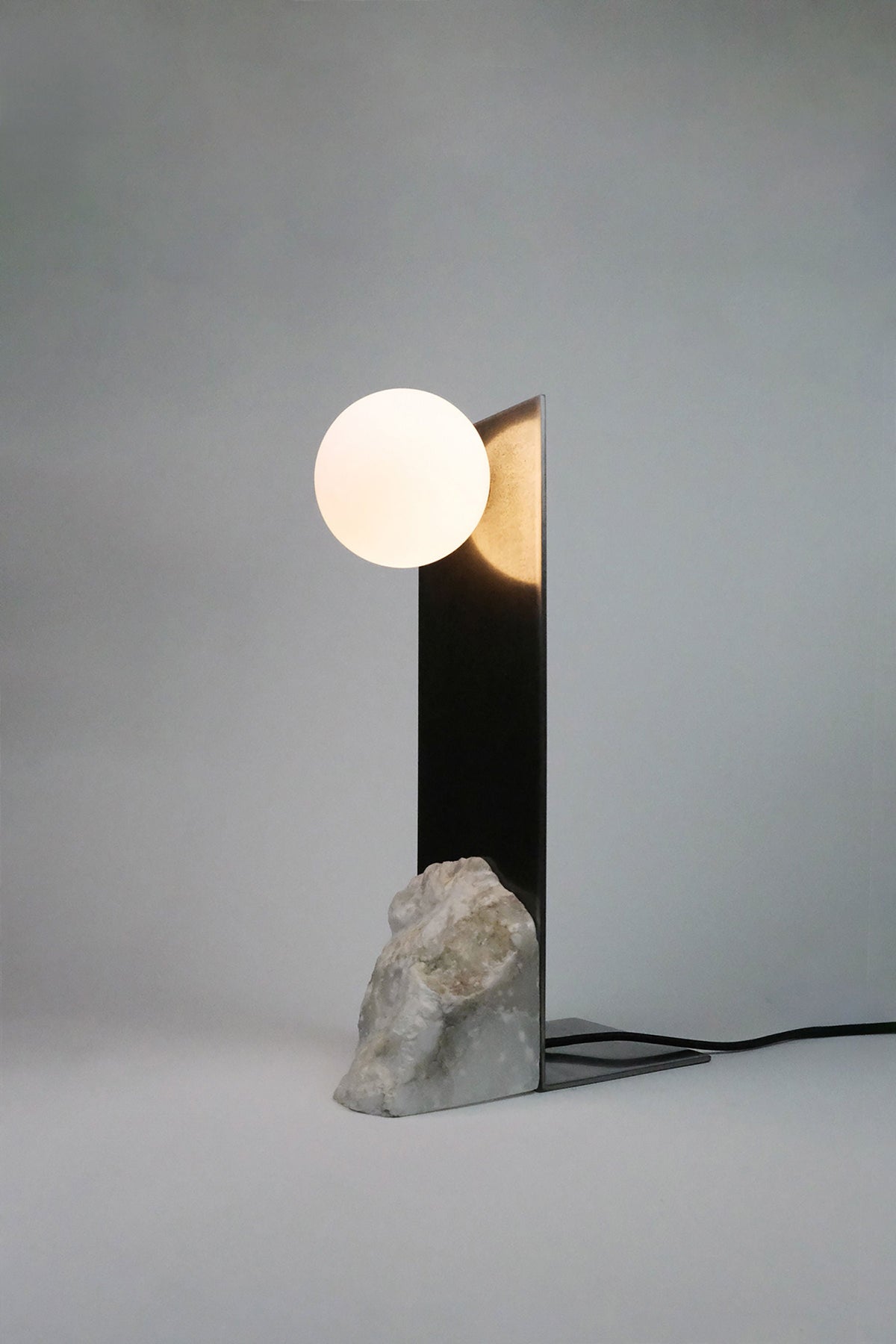 Himalaya Lunar table lamp with illuminated sphere, metal base and stone