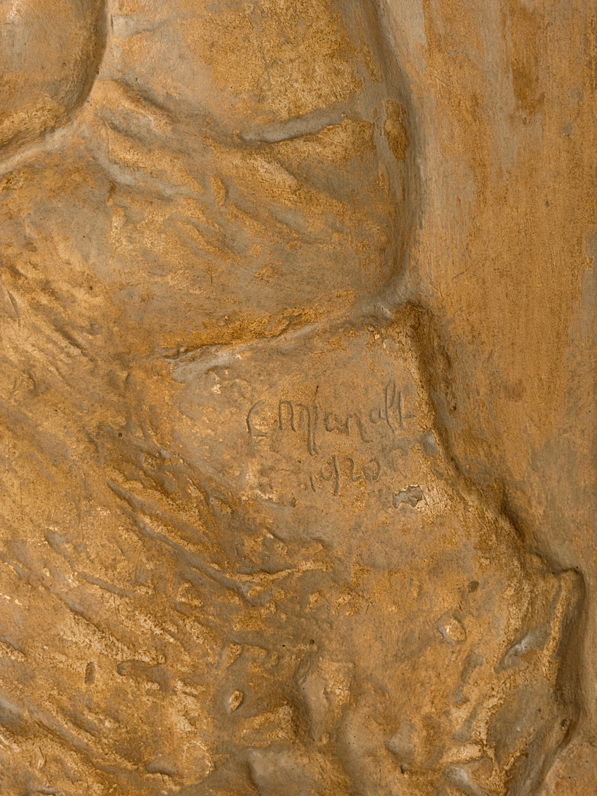 Sculpted plaster relief by Célestin Manalt, France, dated 1920 — side angle