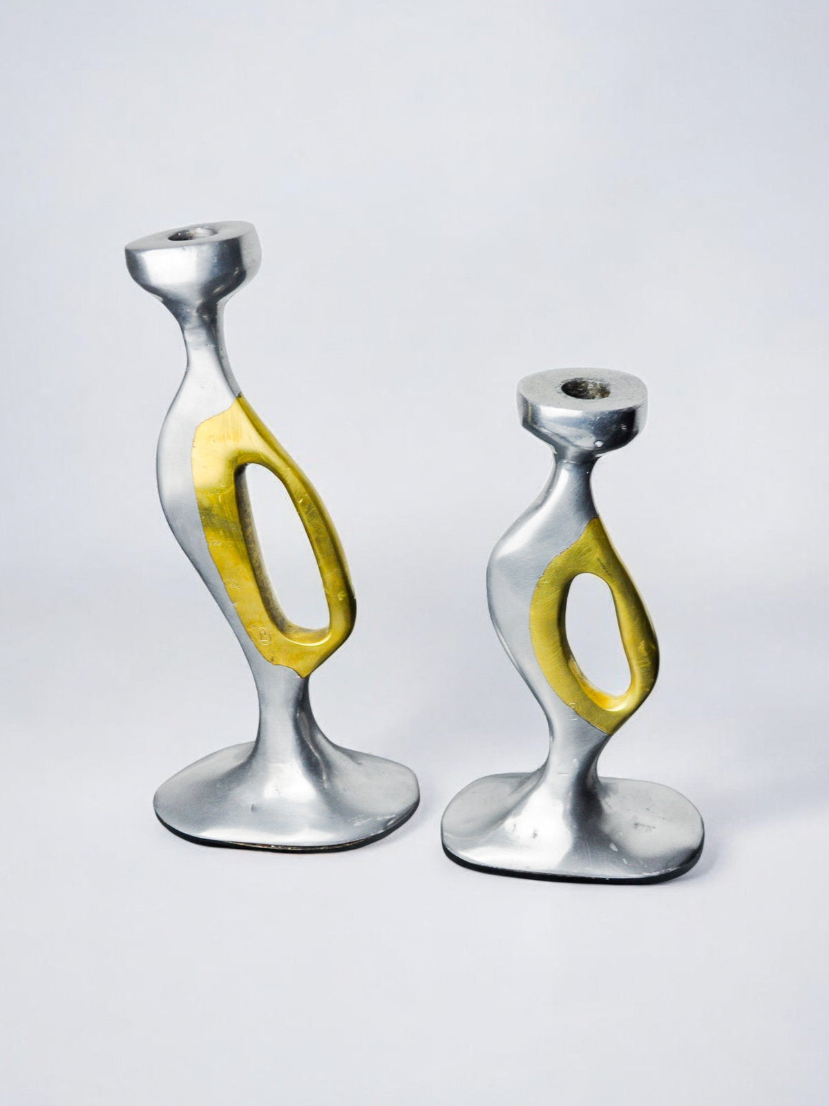 Brutalist Candle Holders by Léopold Spain, 1970 — side angle showing silver and yellow design