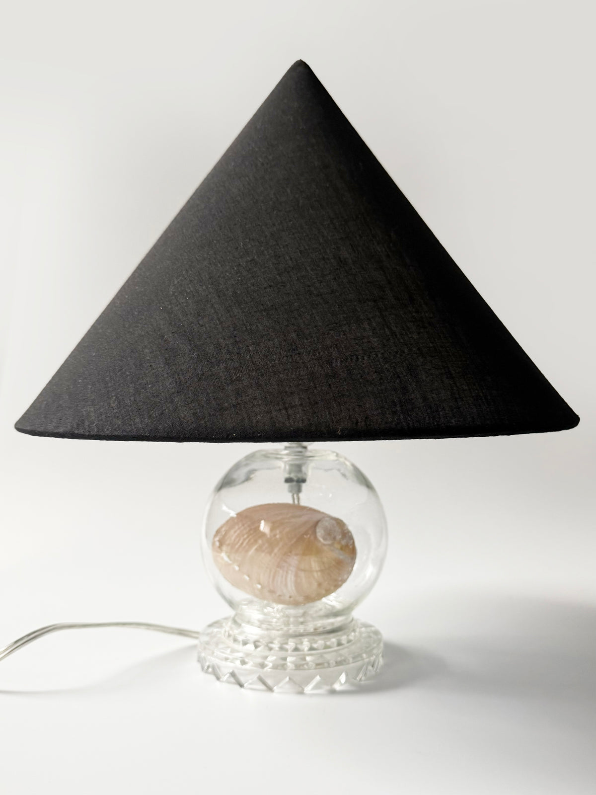 Deco Pressed Glass Lamp with Shell and Custom Linen Shade — detail view
