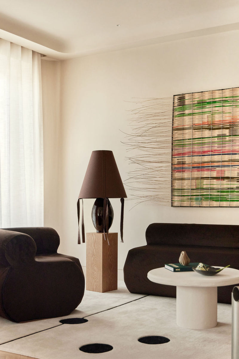 Brown ceramic large table lamp on oak pedestal by Los Objetos Decorativos
