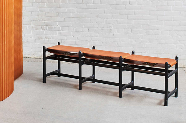 Lyndoe Bench in Solid Wood and Leather — back view showing leather seats and wooden frame