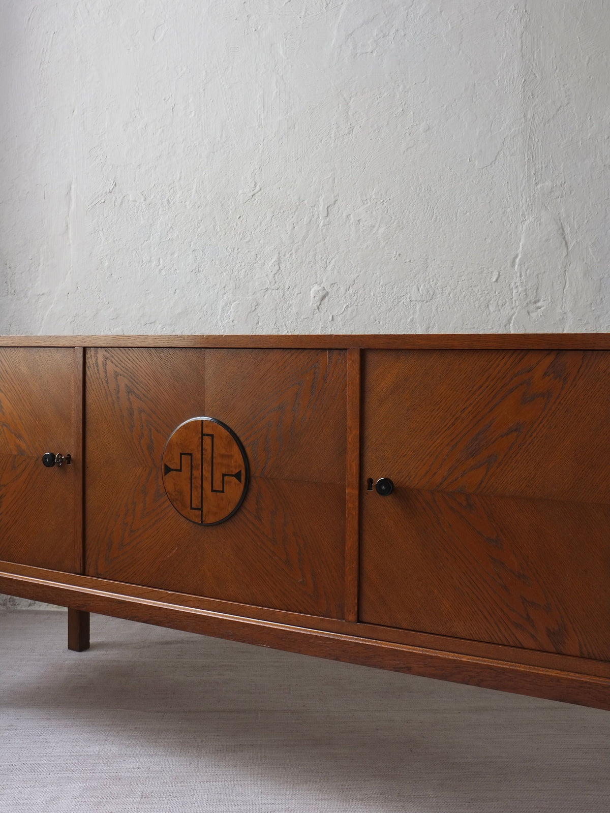 Swedish Modern Oak Sideboard, 1930s — side view highlighting wood grain and circular handle