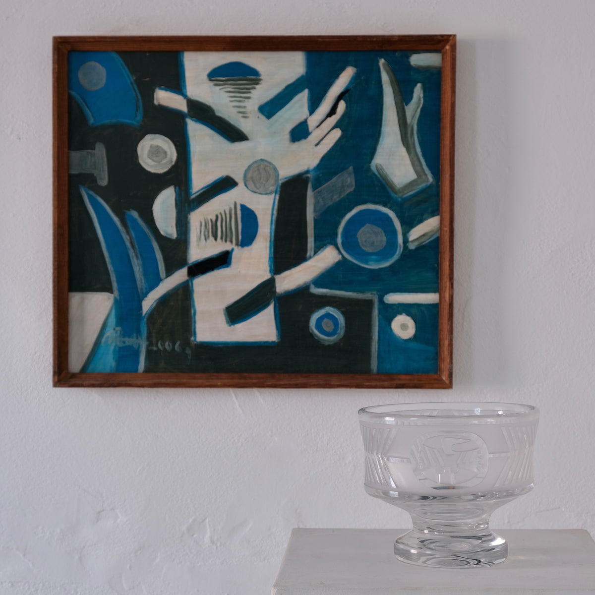 Uldis Rēdelis Blue Abstract Painting "Items", Latvia, 2006 — displayed in minimalist setting with glass bowl