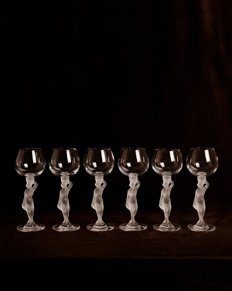 Set of 6 Crystal Port Wine Glasses with Frosted Female Stems by Cristallerie de Bayel by Truffe Studio