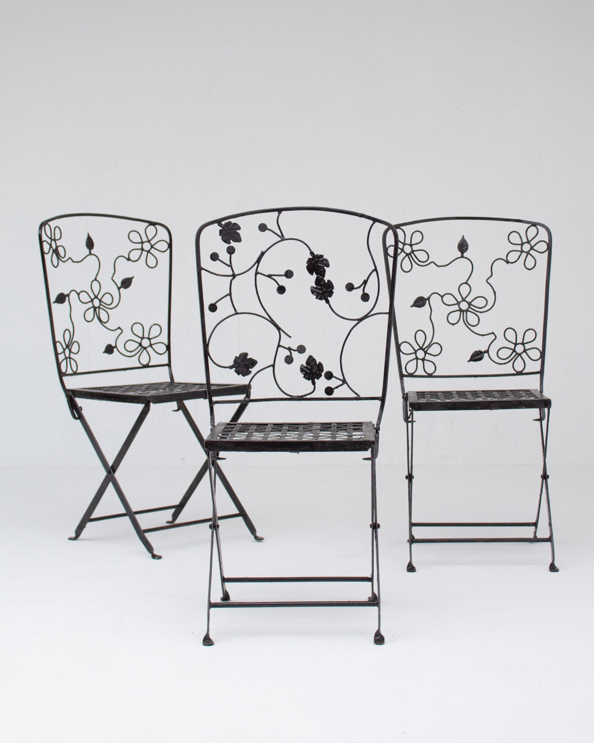 Set of Three Decorative Wrought Iron Garden Chairs with Floral Backrests by Malata Antwerp | The Oblist