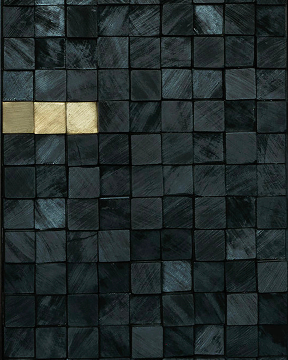Dark slate mosaic tile pattern with gold accent squares