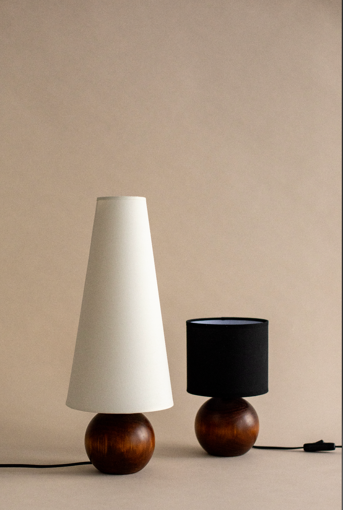 Two Sao Miguel table lamps with wooden bases and contrasting shades