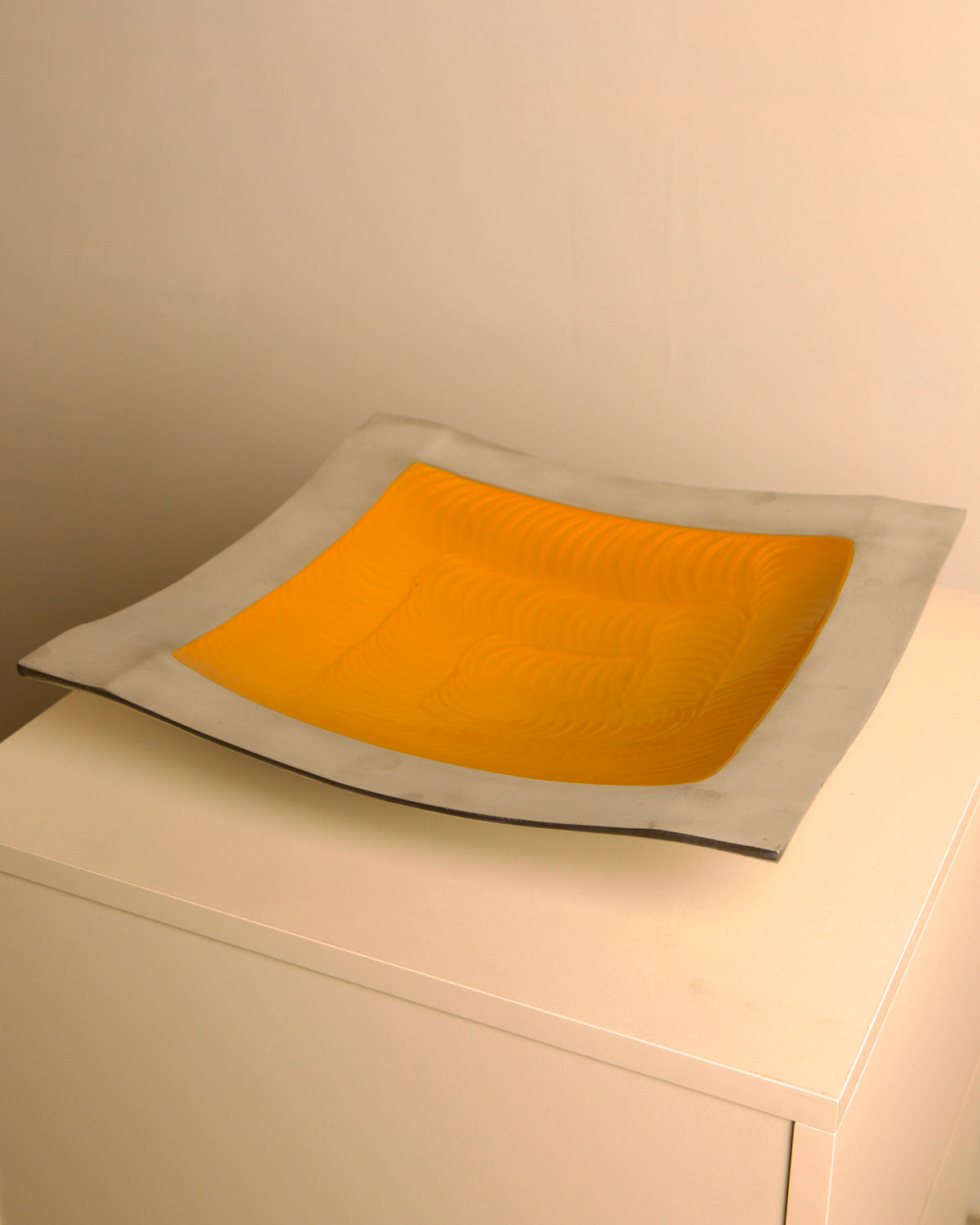 "Galassia" aluminum dish, orange center, Brandani, Italy, 1980s — side angle