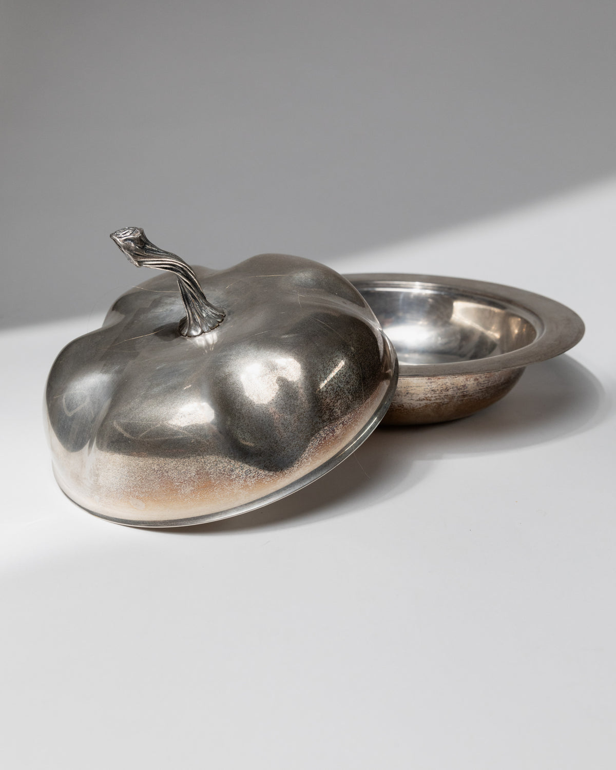 Silver plated serving bowl with ornate lid detail, 1940s