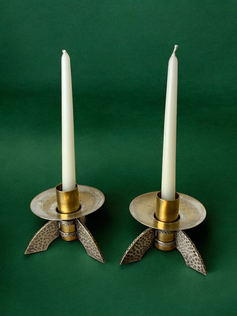 Pair of Brutalist candlesticks in brass, Denmark, 1970's by Malamar Studio | The Oblist