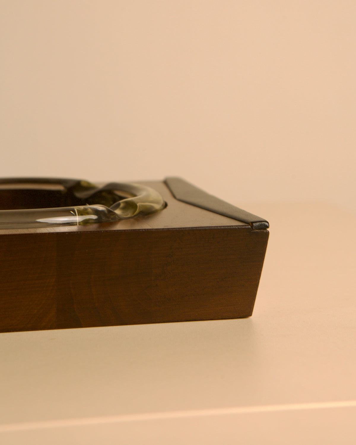 Italian solid wood and black leather ashtray, 1960s — side angle