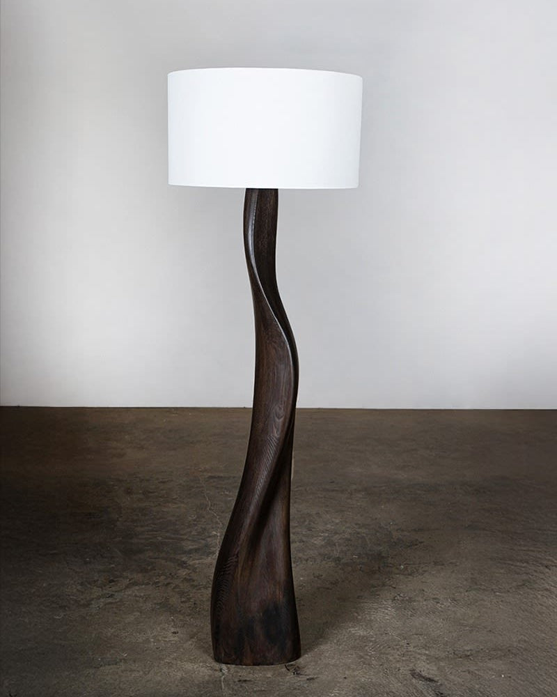 Roman floor lamp in Ash, Saddle Oak stain with Ivory silk shade by Amorph | The Oblist — handcrafted wood design