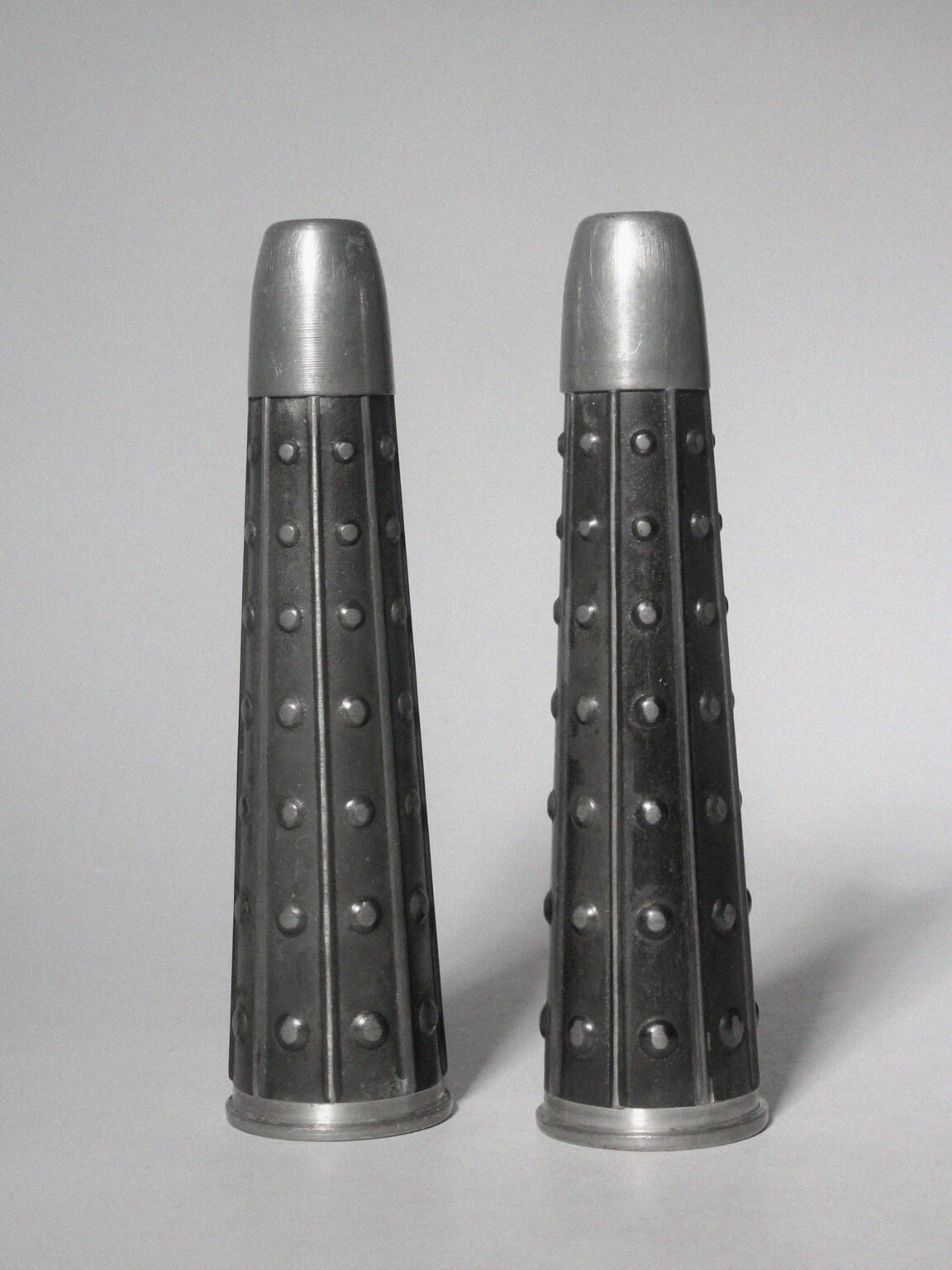 Brutalist Salt And Pepper Pewter Shakers Set, 1940s, Norway — side angle