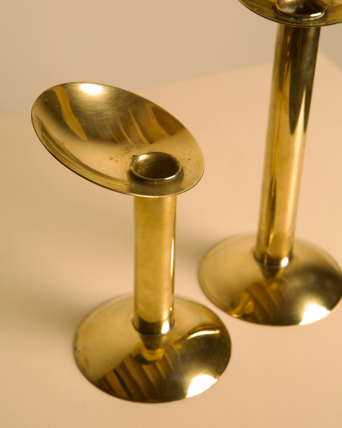Pair of Danish Brass Candleholders 1960s — close-up of polished brass finish
