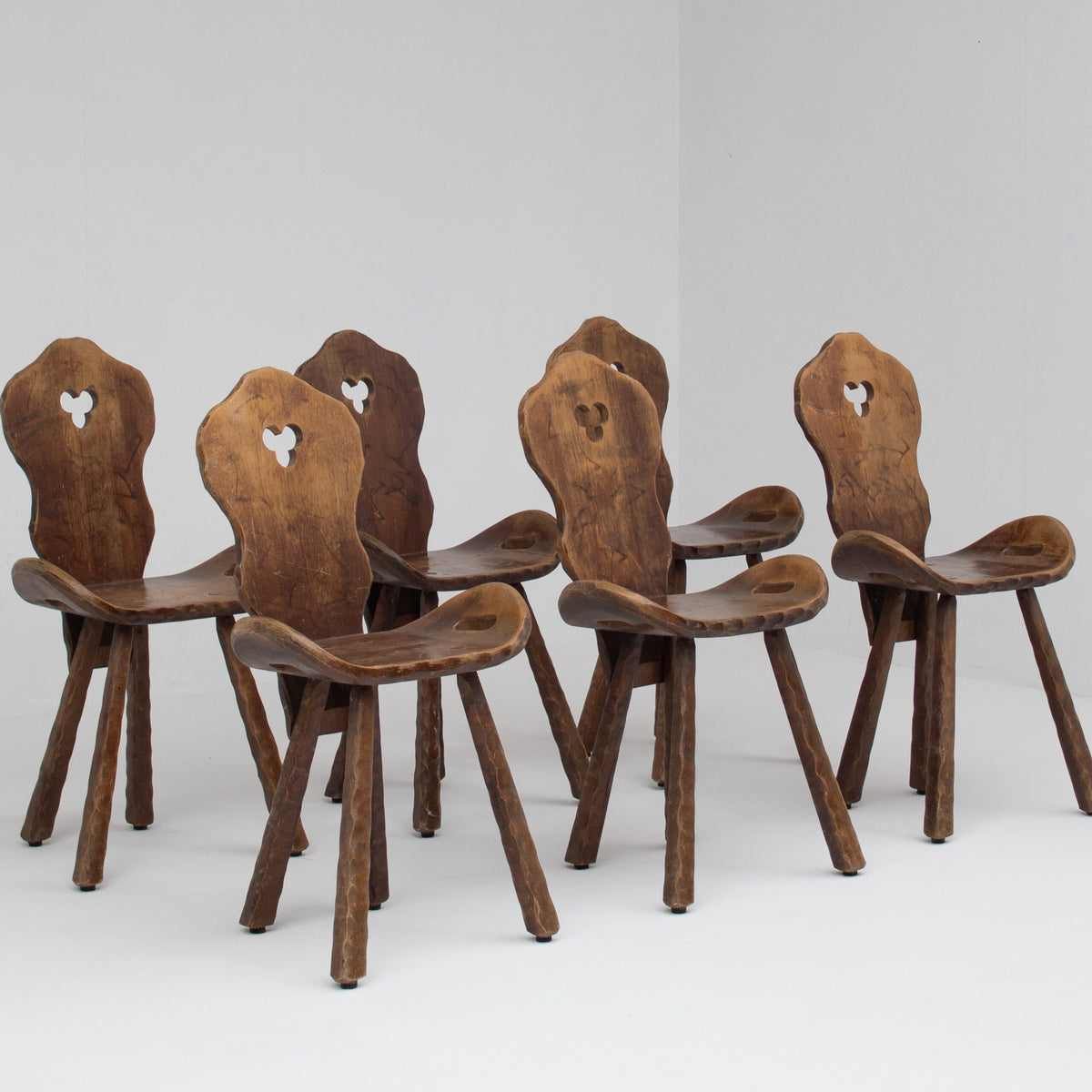 Set of 6 Brutalist Solid Wood Stools, 1970s — detail view