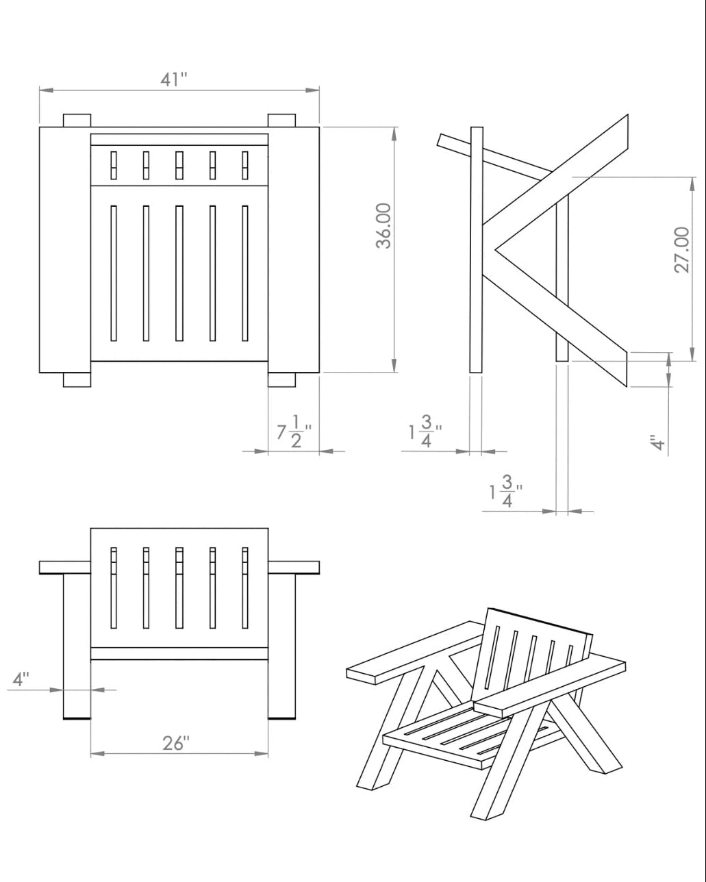 Technical drawing blueprints of TTR lounge chair construction