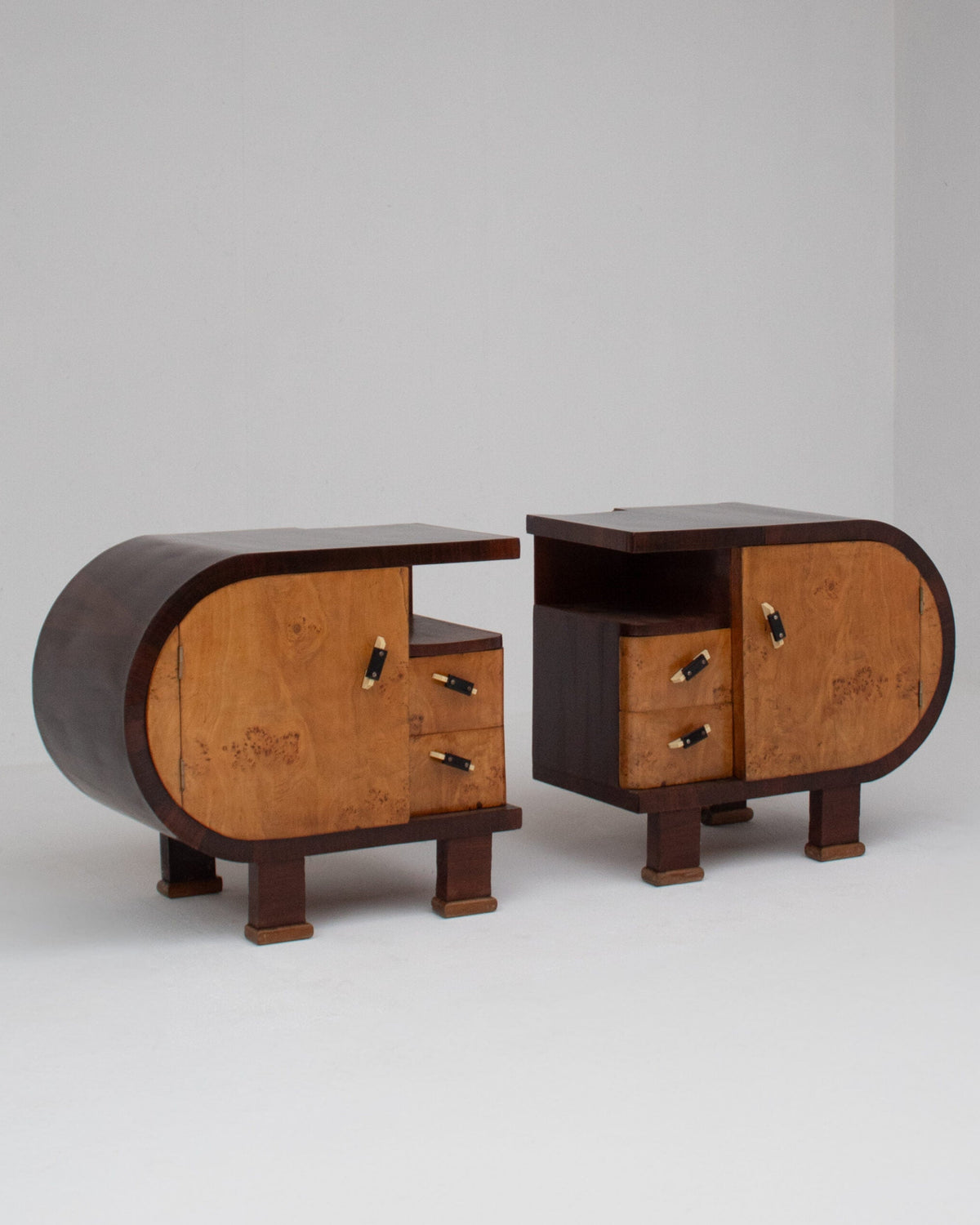 Pair of Art Deco Nightstands with Burl Wood Fronts — detail view