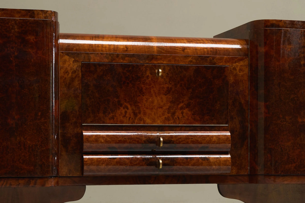Exceptional De Coene Frères Art Deco Sideboard in Walnut and Burl Walnut Veneer Belgium 1930s — lifestyle setting