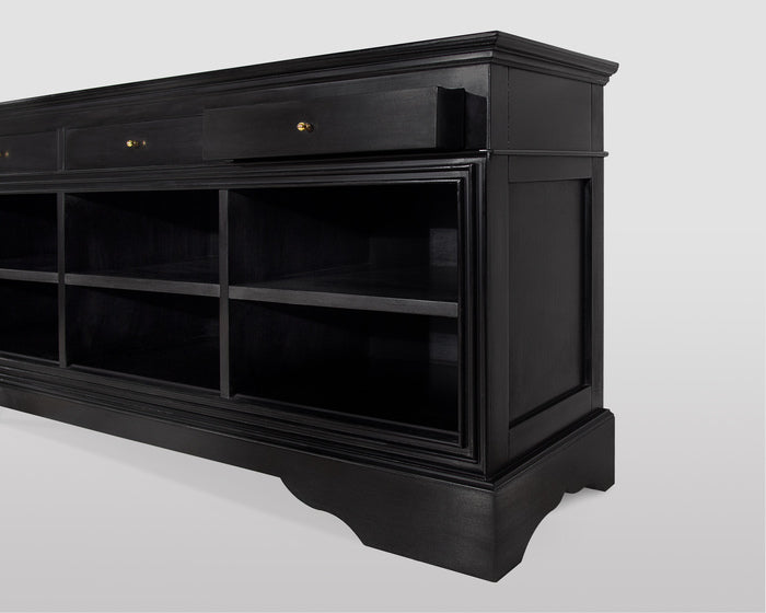 Contemporary Black Solid Wood Media Console and TV Cabinet with Storage Drawers — close-up