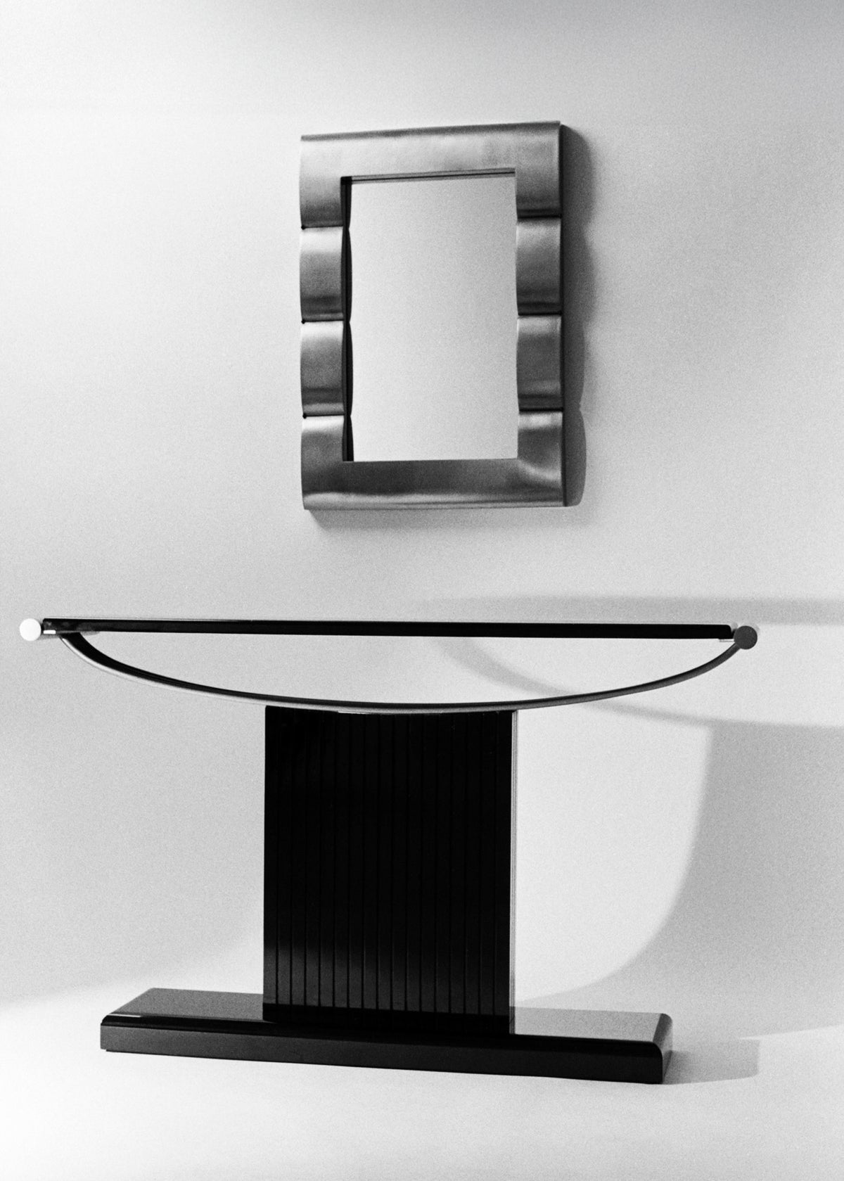 Mirror "Fluted Chambre", Contemporary Mirror in Steel — top view above black console table