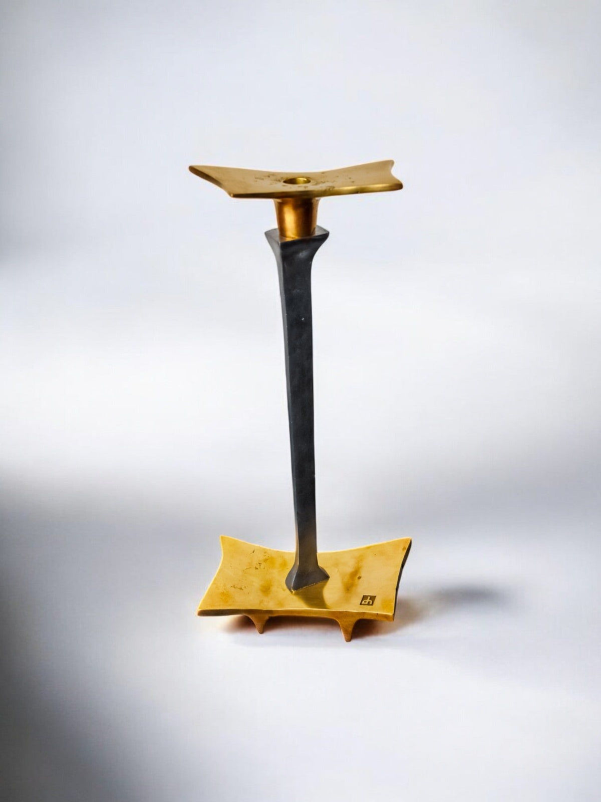 Brutalist Candleholder by David Marshall, 1970s — side angle showing brass and black metal design