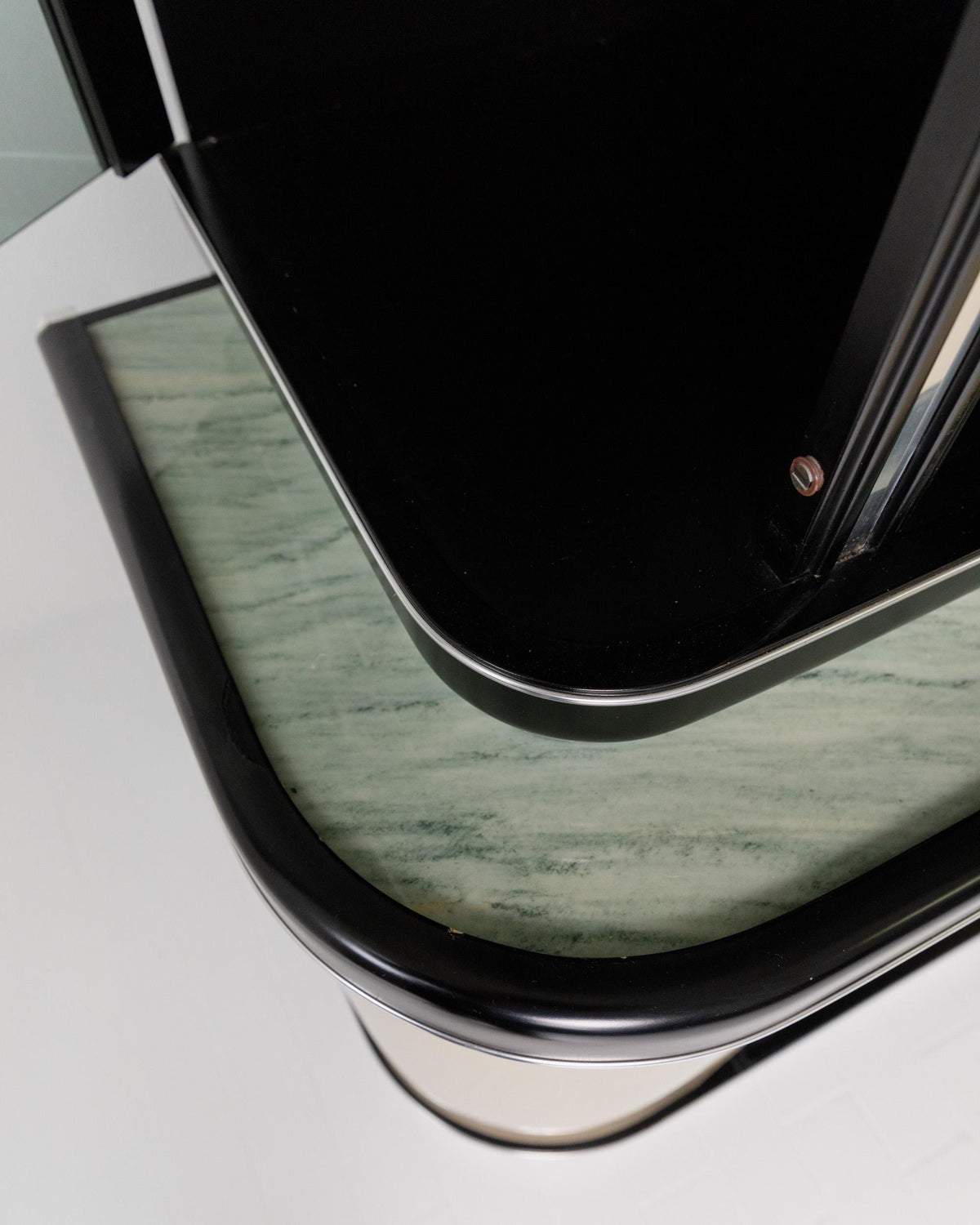 1950s Art Deco Bar Cabinet in Lacquered Wood — top view of green marble surface
