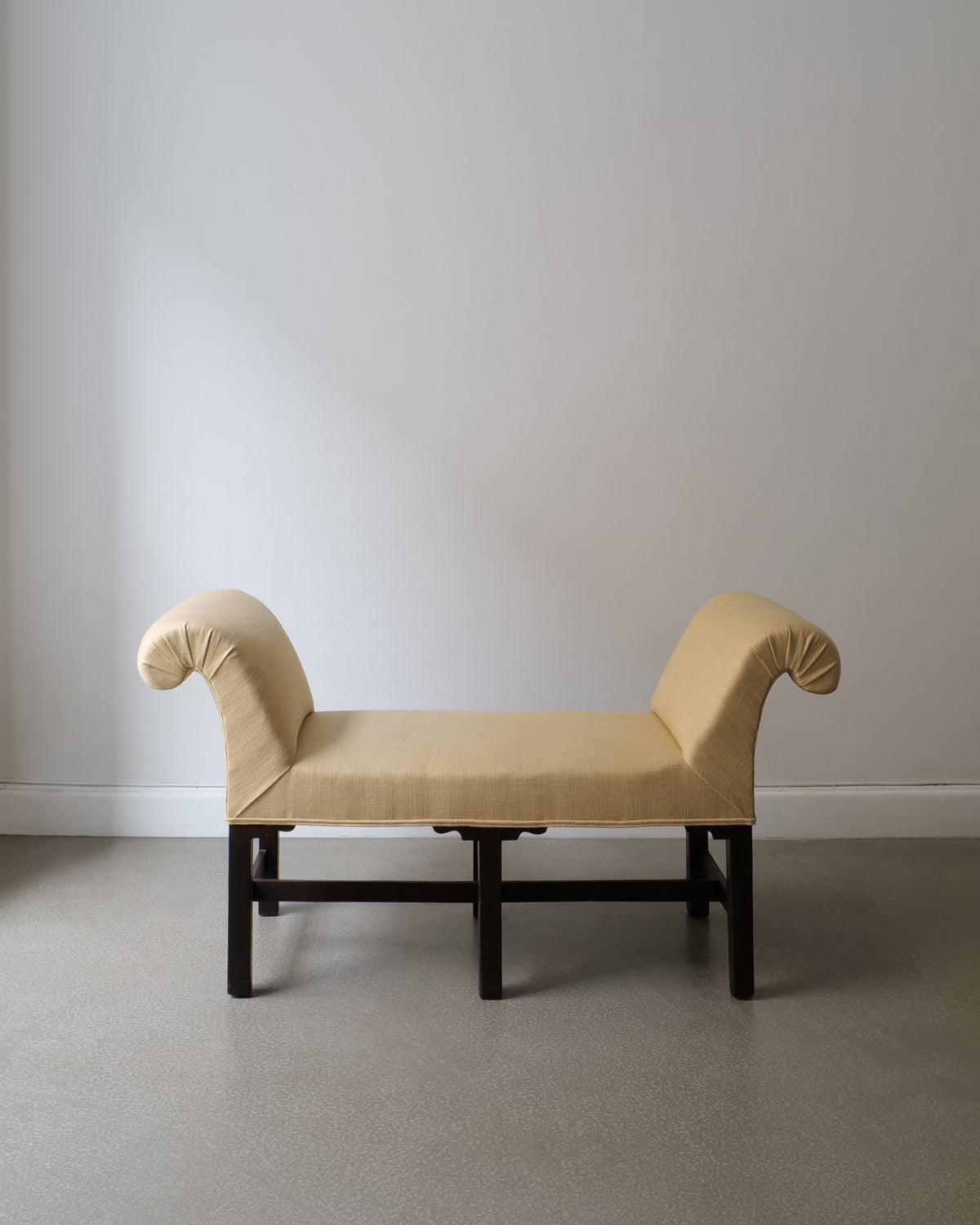 Swedish window seat bench 1900s, cream upholstery profile view